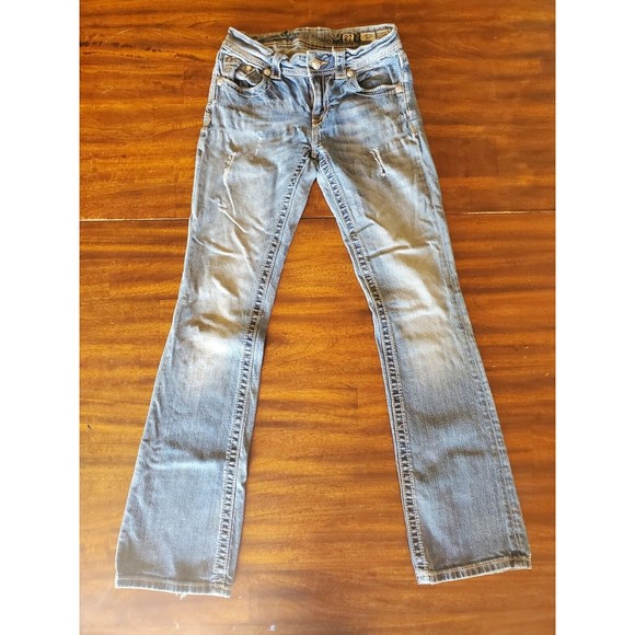 Miss Me Mid-Rise Boot Cut Women Size 27 Med Wash MW58458 Embellished Destressed - Picture 1 of 13